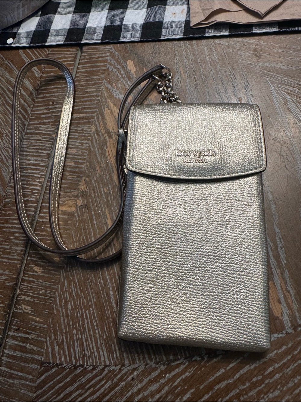 kate spade Metallic Silver Pebbled Leather Crossbody Phone Pouch